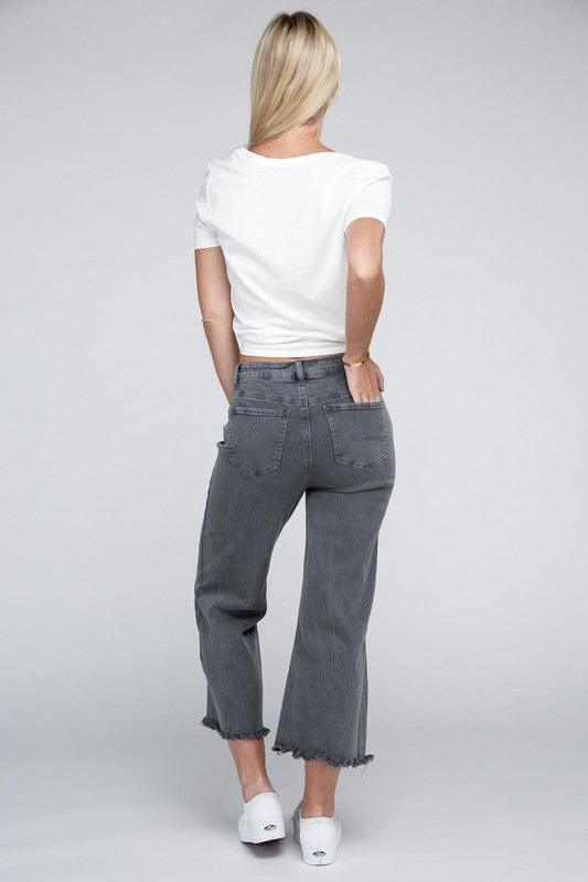 Acid Washed High Waist Frayed Hem Straight Pants - Leur Beau Monde Boutique