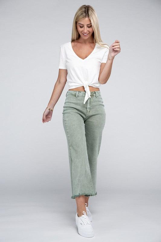 Acid Washed High Waist Frayed Hem Straight Pants - Leur Beau Monde Boutique