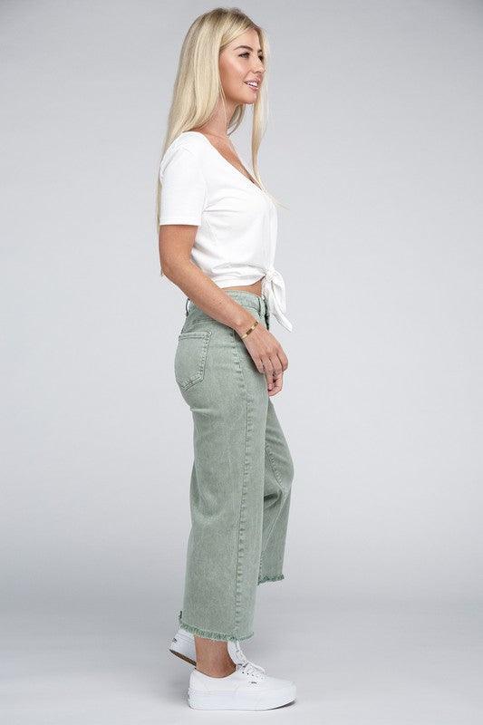 Acid Washed High Waist Frayed Hem Straight Pants - Leur Beau Monde Boutique