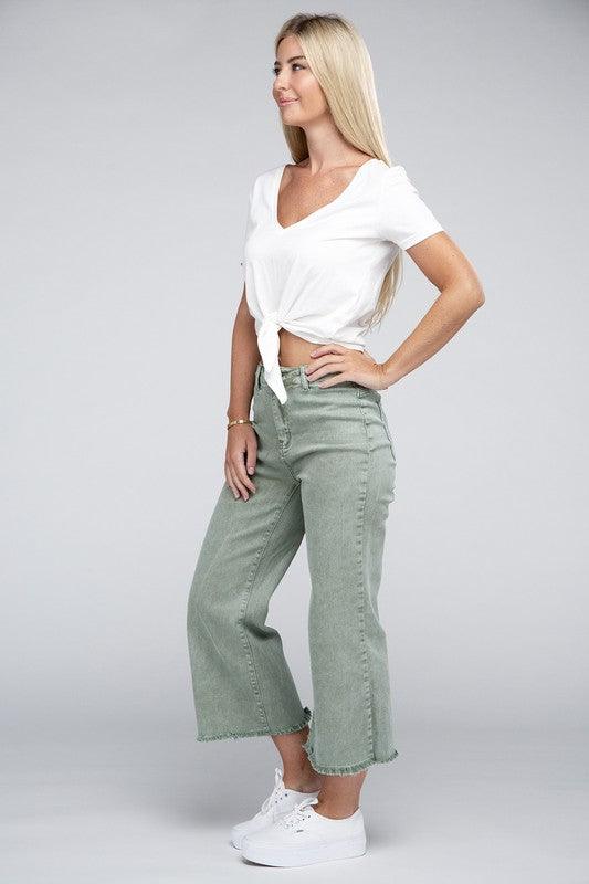 Acid Washed High Waist Frayed Hem Straight Pants - Leur Beau Monde Boutique