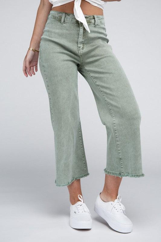 Acid Washed High Waist Frayed Hem Straight Pants - Leur Beau Monde Boutique