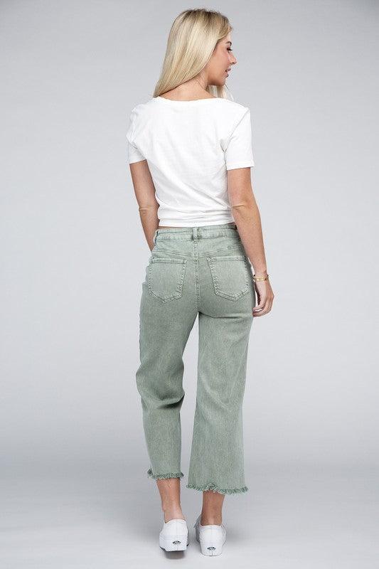 Acid Washed High Waist Frayed Hem Straight Pants - Leur Beau Monde Boutique