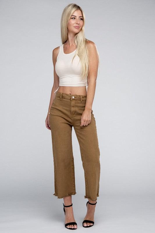 Acid Washed High Waist Frayed Hem Straight Pants - Leur Beau Monde Boutique