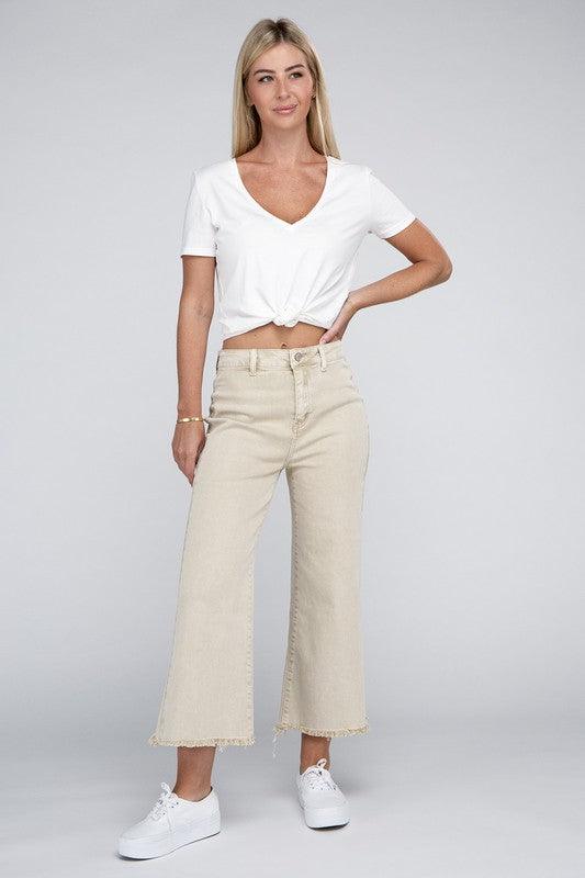 Acid Washed High Waist Frayed Hem Straight Pants - Leur Beau Monde Boutique