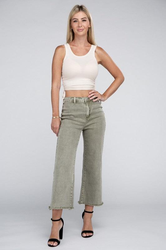 Acid Washed High Waist Frayed Hem Straight Pants - Leur Beau Monde Boutique