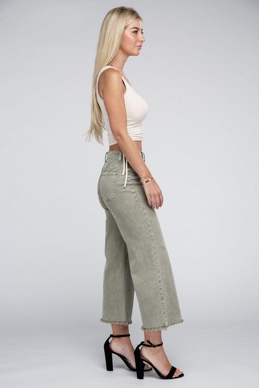 Acid Washed High Waist Frayed Hem Straight Pants - Leur Beau Monde Boutique