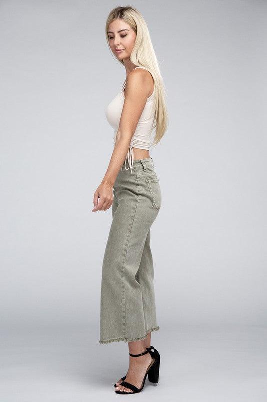 Acid Washed High Waist Frayed Hem Straight Pants - Leur Beau Monde Boutique