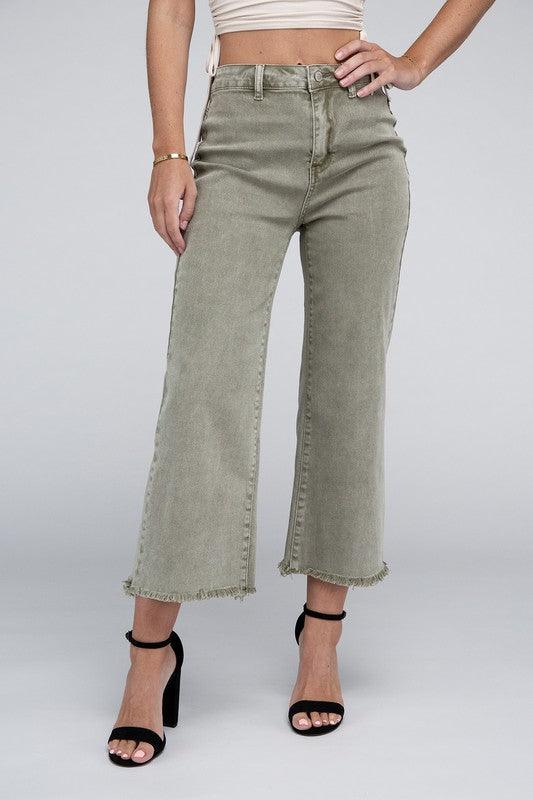 Acid Washed High Waist Frayed Hem Straight Pants - Leur Beau Monde Boutique