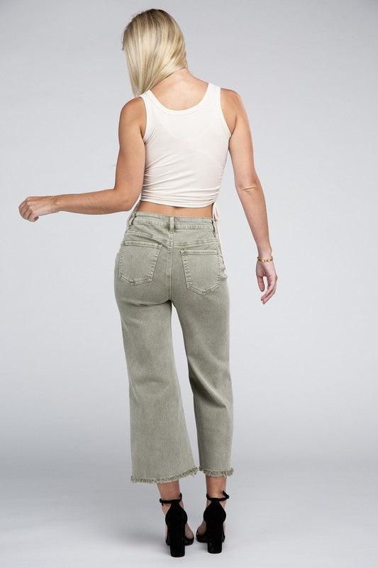 Acid Washed High Waist Frayed Hem Straight Pants - Leur Beau Monde Boutique