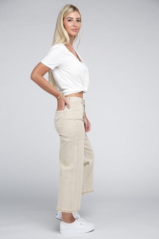 Acid Washed High Waist Frayed Hem Straight Pants - Leur Beau Monde Boutique