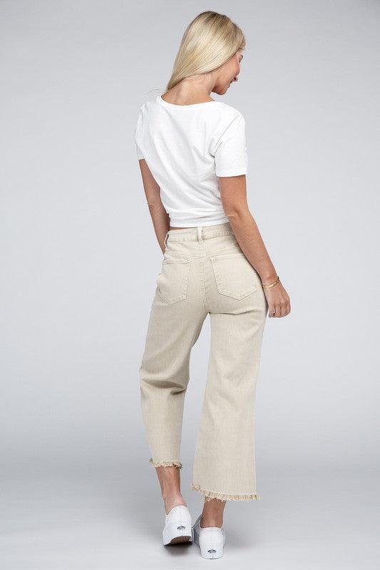 Acid Washed High Waist Frayed Hem Straight Pants - Leur Beau Monde Boutique