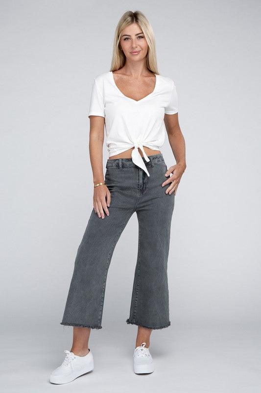 Acid Washed High Waist Frayed Hem Straight Pants - Leur Beau Monde Boutique