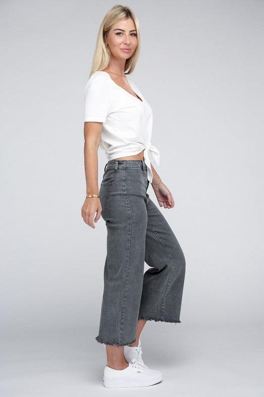 Acid Washed High Waist Frayed Hem Straight Pants - Leur Beau Monde Boutique