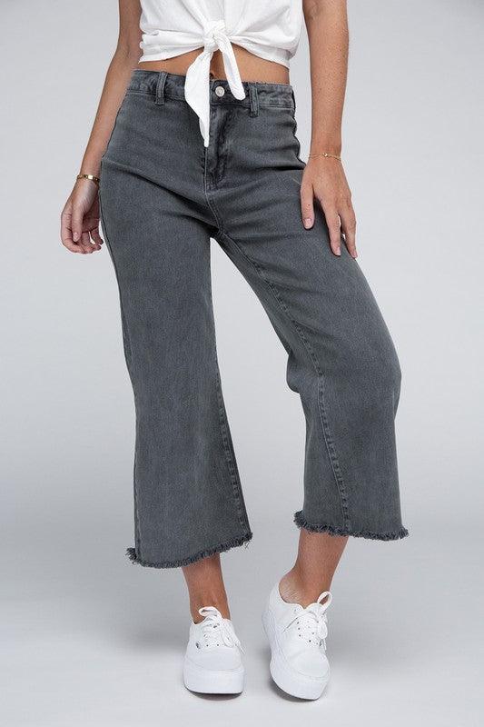 Acid Washed High Waist Frayed Hem Straight Pants - Leur Beau Monde Boutique