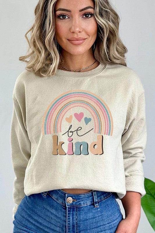 Be Kind Cute Rainbow Graphic Sweatshirt - Leur Beau Monde Boutique