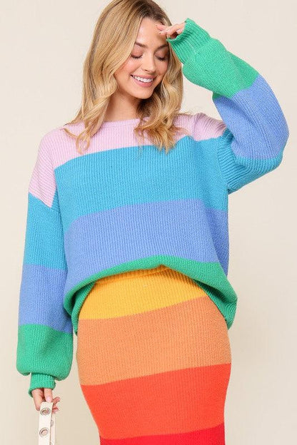 Bold Rainbow Stripe Oversized Chunky Knit Pullover - Leur Beau Monde Boutique