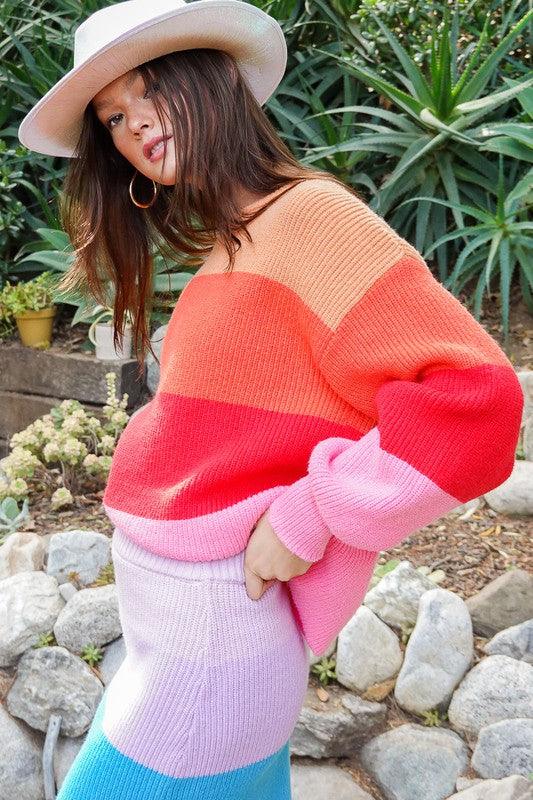 Bold Rainbow Stripe Oversized Chunky Knit Pullover - Leur Beau Monde Boutique