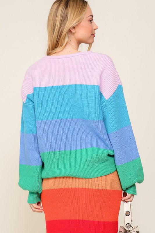 Bold Rainbow Stripe Oversized Chunky Knit Pullover - Leur Beau Monde Boutique