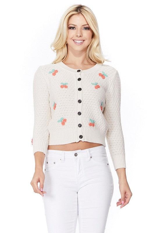 Cherry Crochet Pom Pom Cropped Cardigan Sweater - Leur Beau Monde Boutique