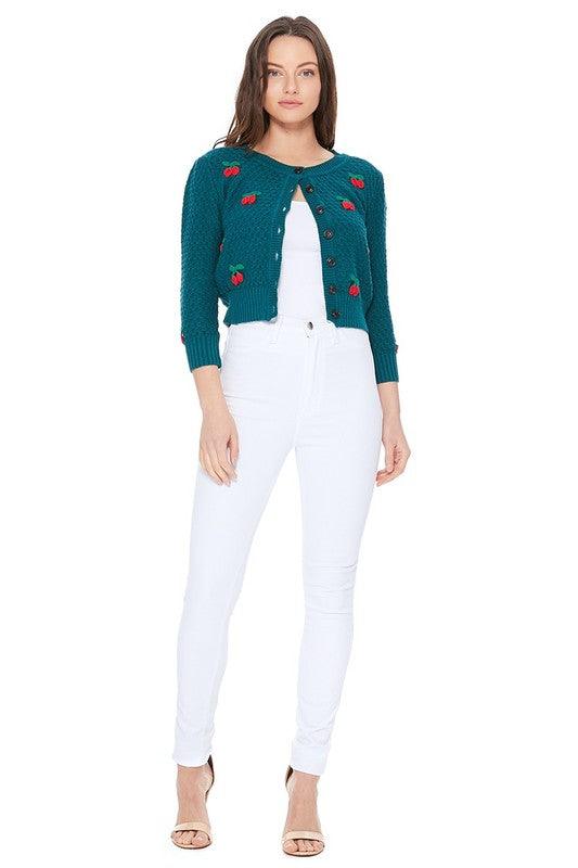 Cherry Crochet Pom Pom Cropped Cardigan Sweater - Leur Beau Monde Boutique