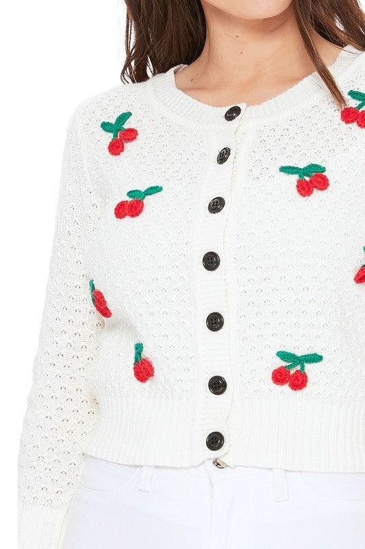 Cherry Crochet Pom Pom Cropped Cardigan Sweater - Leur Beau Monde Boutique