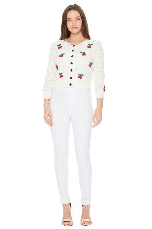 Cherry Crochet Pom Pom Cropped Cardigan Sweater - Leur Beau Monde Boutique