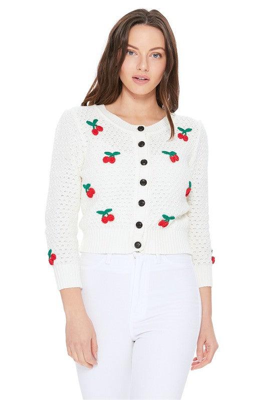 Cherry Crochet Pom Pom Cropped Cardigan Sweater - Leur Beau Monde Boutique