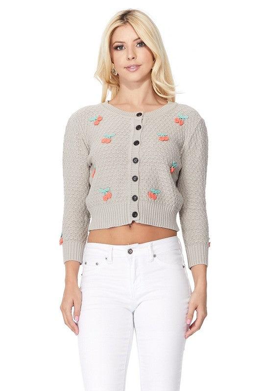 Cherry Crochet Pom Pom Cropped Cardigan Sweater - Leur Beau Monde Boutique