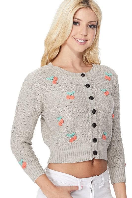 Cherry Crochet Pom Pom Cropped Cardigan Sweater - Leur Beau Monde Boutique