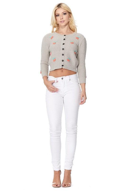 Cherry Crochet Pom Pom Cropped Cardigan Sweater - Leur Beau Monde Boutique