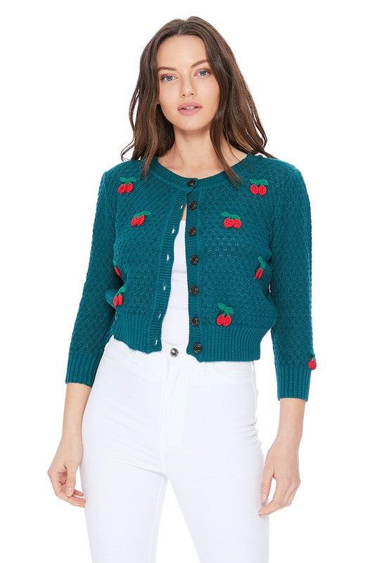 Cherry Crochet Pom Pom Cropped Cardigan Sweater - Leur Beau Monde Boutique