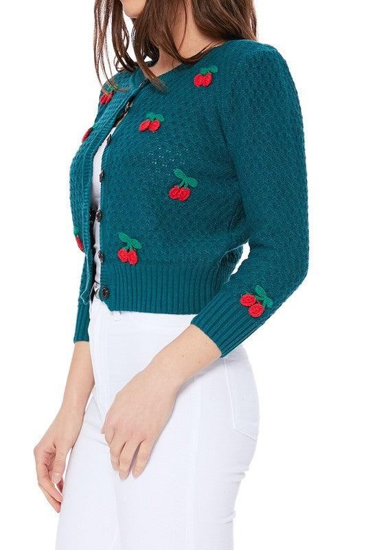 Cherry Crochet Pom Pom Cropped Cardigan Sweater - Leur Beau Monde Boutique