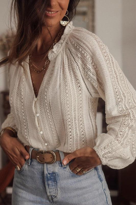 Crochet Lace button v-neck knit sweater blouse - Leur Beau Monde Boutique