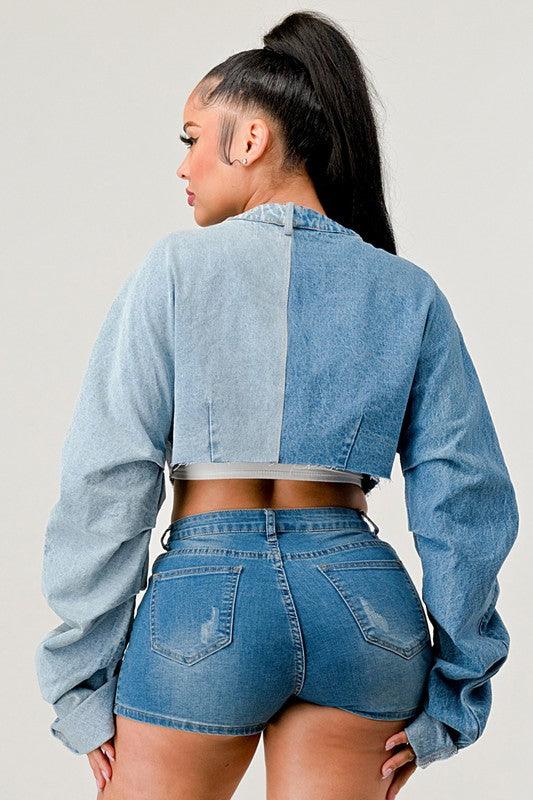 Denim Patched X-Contrast Top - Leur Beau Monde Boutique