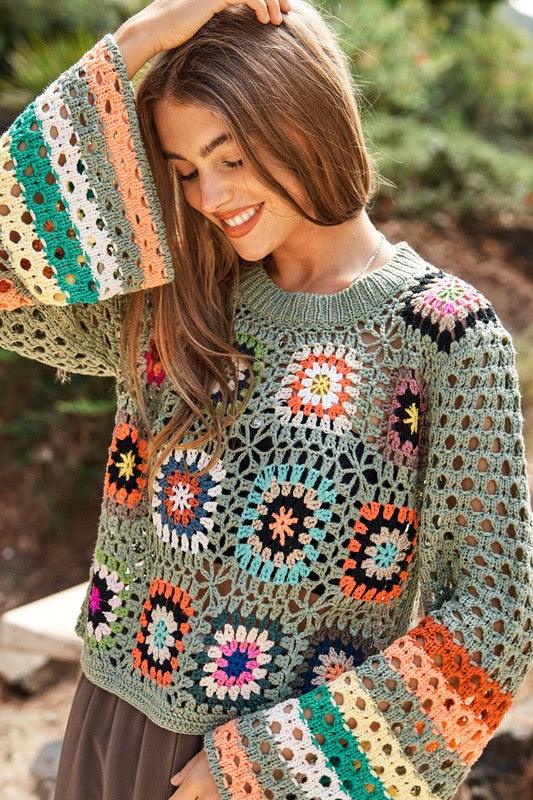 Floral Crochet Striped Sleeve Cropped Knit Sweater - Leur Beau Monde Boutique