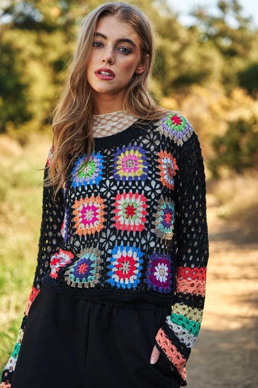 Floral Crochet Striped Sleeve Cropped Knit Sweater - Leur Beau Monde Boutique