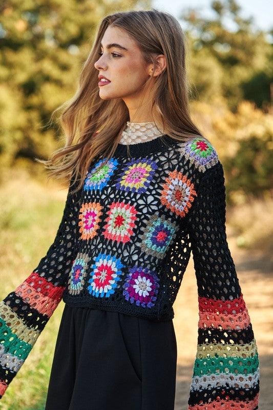 Floral Crochet Striped Sleeve Cropped Knit Sweater - Leur Beau Monde Boutique