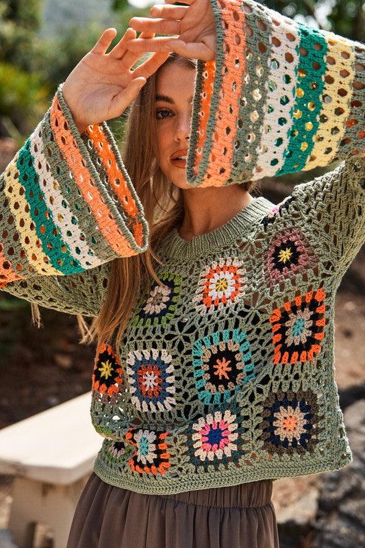 Floral Crochet Striped Sleeve Cropped Knit Sweater - Leur Beau Monde Boutique