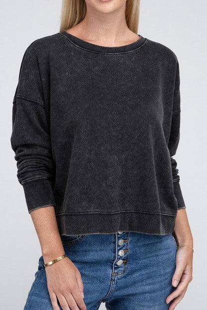 French Terry Acid Wash Boat Neck Pullover - Leur Beau Monde Boutique