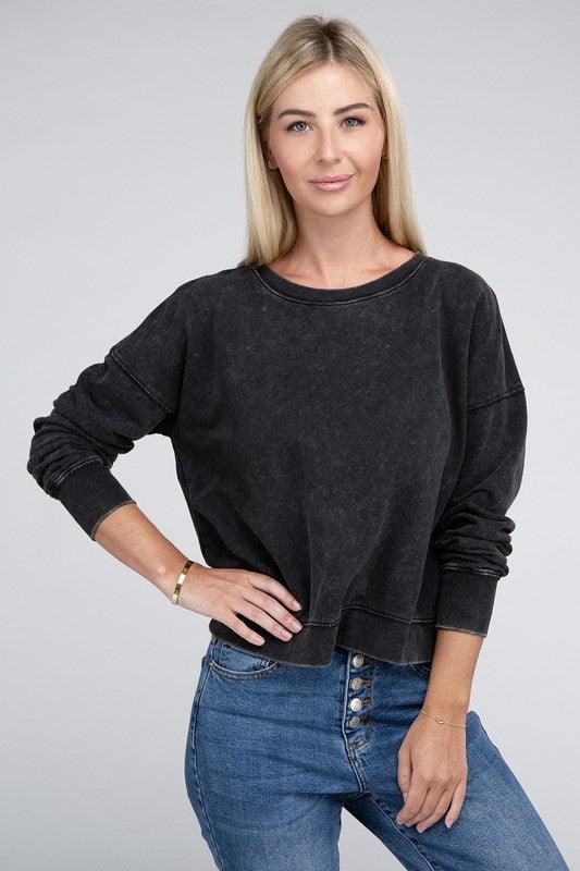 French Terry Acid Wash Boat Neck Pullover - Leur Beau Monde Boutique