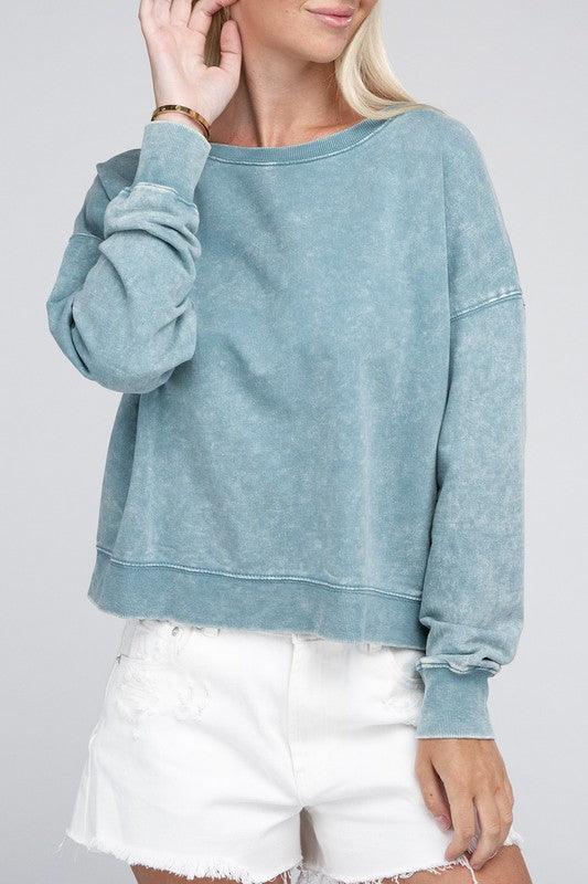 French Terry Acid Wash Boat Neck Pullover - Leur Beau Monde Boutique