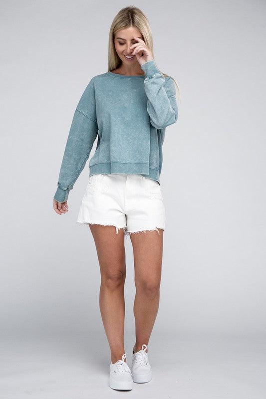 French Terry Acid Wash Boat Neck Pullover - Leur Beau Monde Boutique