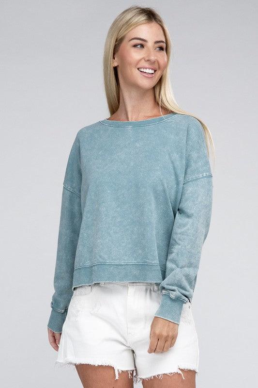 French Terry Acid Wash Boat Neck Pullover - Leur Beau Monde Boutique