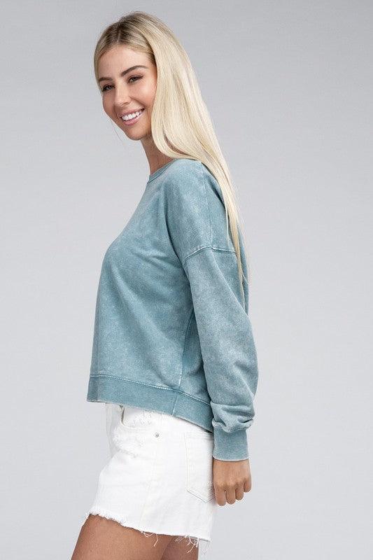 French Terry Acid Wash Boat Neck Pullover - Leur Beau Monde Boutique