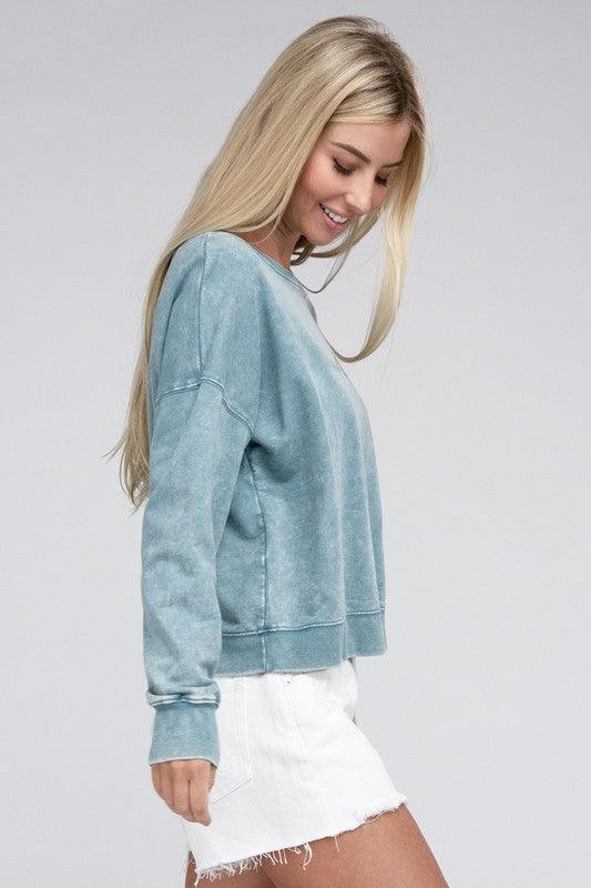 French Terry Acid Wash Boat Neck Pullover - Leur Beau Monde Boutique