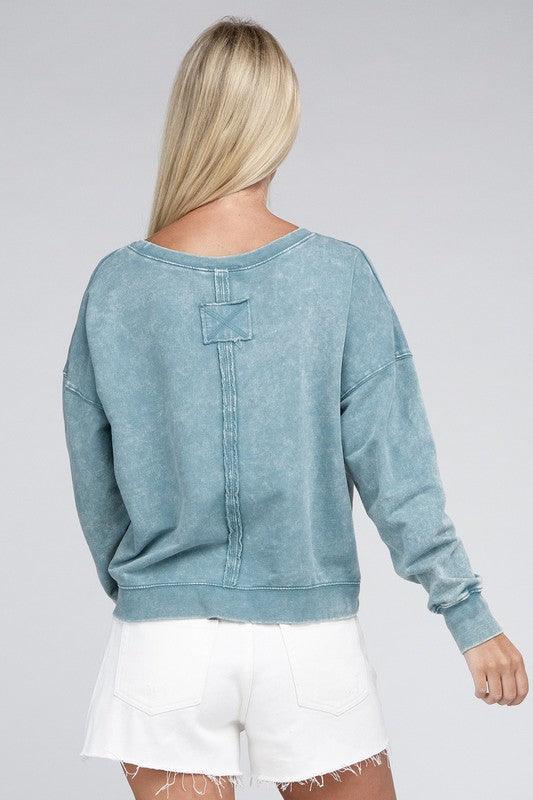 French Terry Acid Wash Boat Neck Pullover - Leur Beau Monde Boutique