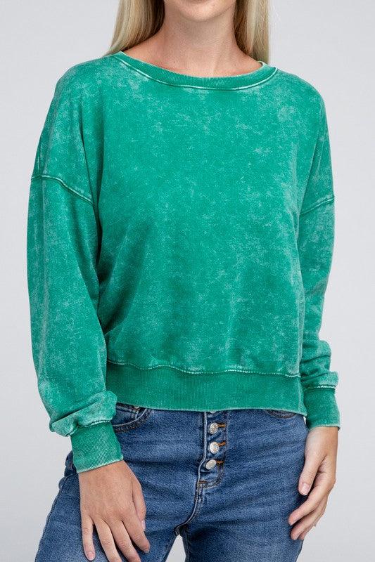 French Terry Acid Wash Boat Neck Pullover - Leur Beau Monde Boutique