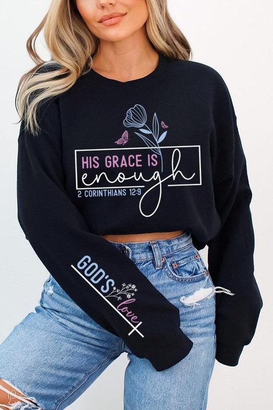 Grace is Enough Sleeve Graphic Fleece Sweatshirts - Leur Beau Monde Boutique