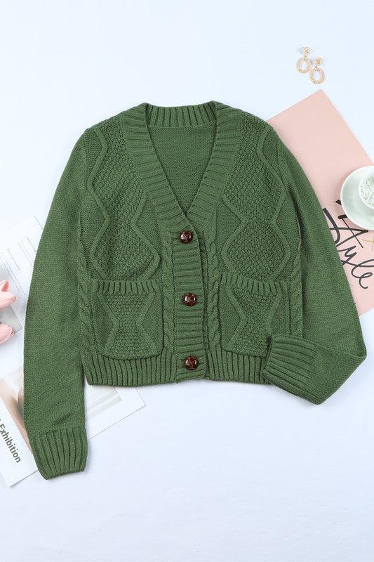 Green Pocket Button Cable Cropped Sweater Cardigan - Leur Beau Monde Boutique