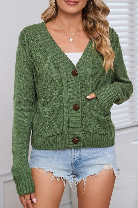 Green Pocket Button Cable Cropped Sweater Cardigan - Leur Beau Monde Boutique